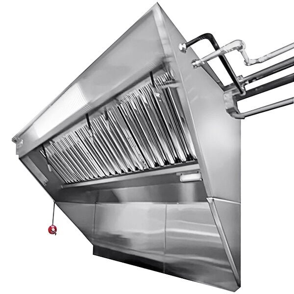 A close-up of a stainless steel Halifax restaurant hood system with a metal pipe.