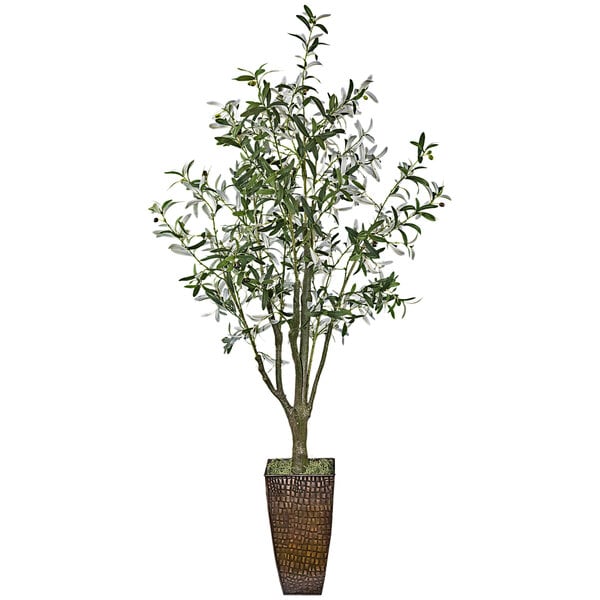 A LCG Sales artificial olive tree in a copper fluted planter.