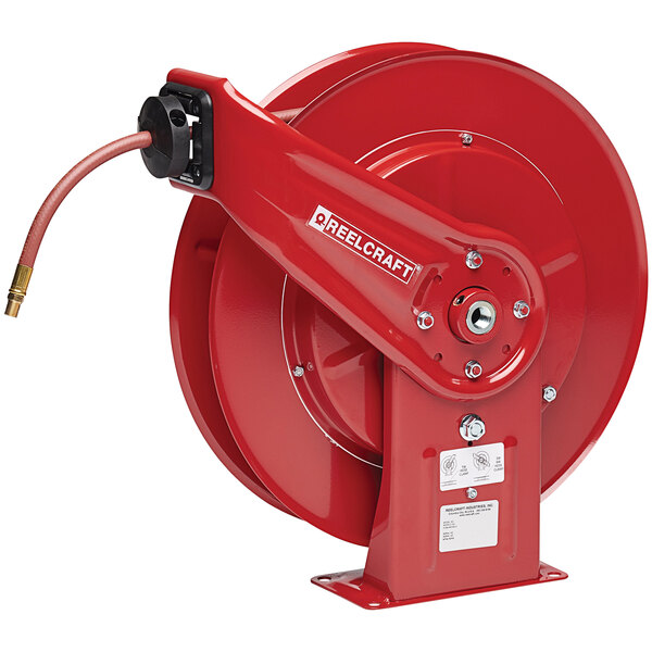 A red Reelcraft Series 7000 hose reel with a black handle and a hose attached.