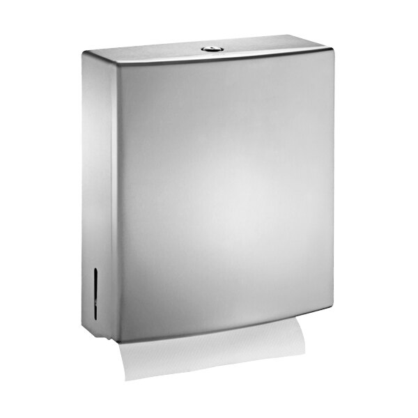 A silver stainless steel surface-mounted paper towel dispenser.