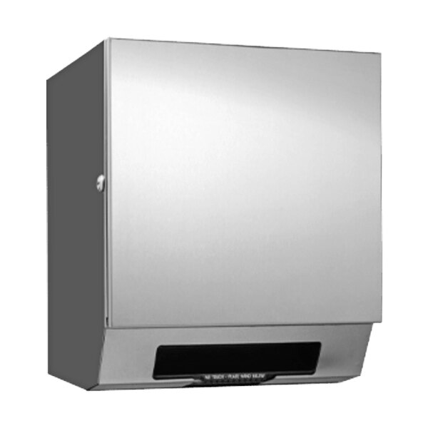 A silver surface-mounted automatic paper towel dispenser.