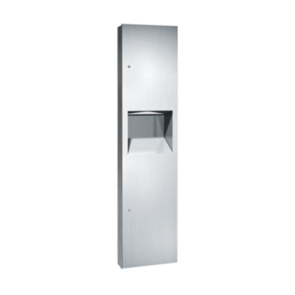 A silver rectangular stainless steel American Specialties, Inc. paper towel dispenser with a waste receptacle.