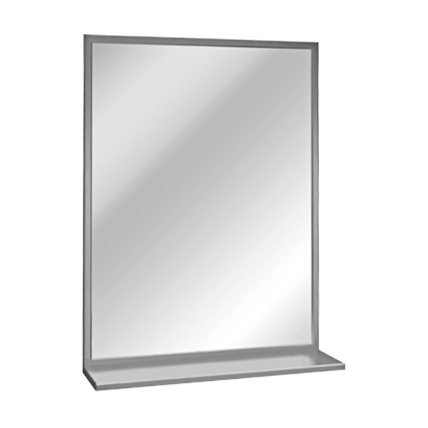 An American Specialties, Inc. plate glass mirror with stainless steel Chan-Lok frame and shelf.