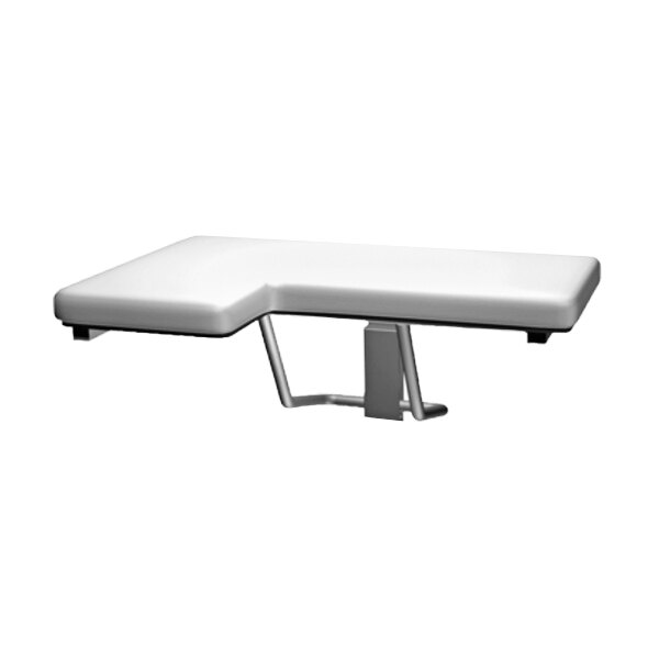 A white rectangular American Specialties, Inc. folding shower seat with a padded cushion.