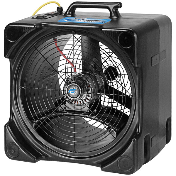 A black Powr-Flite axial fan with a black handle.