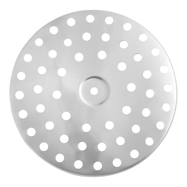 A stainless steel circular metal disc with holes.