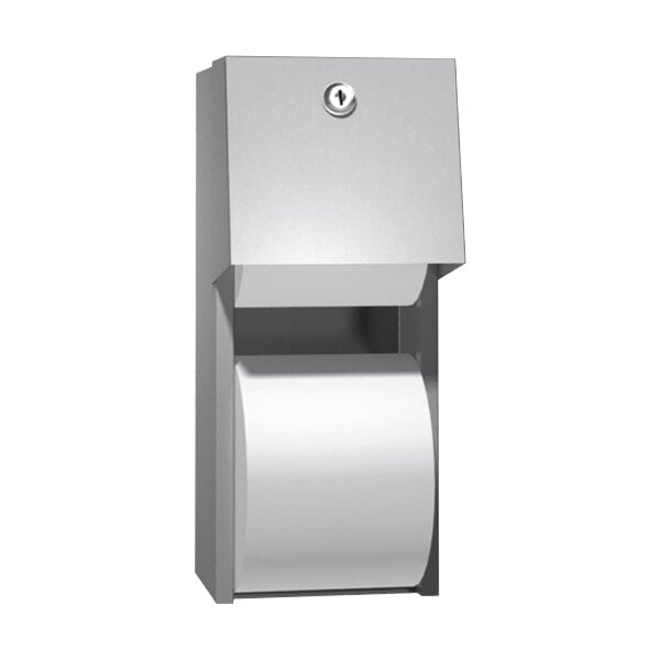 A stainless steel American Specialties, Inc. twin hide-a-roll toilet paper dispenser with a roll of toilet paper.