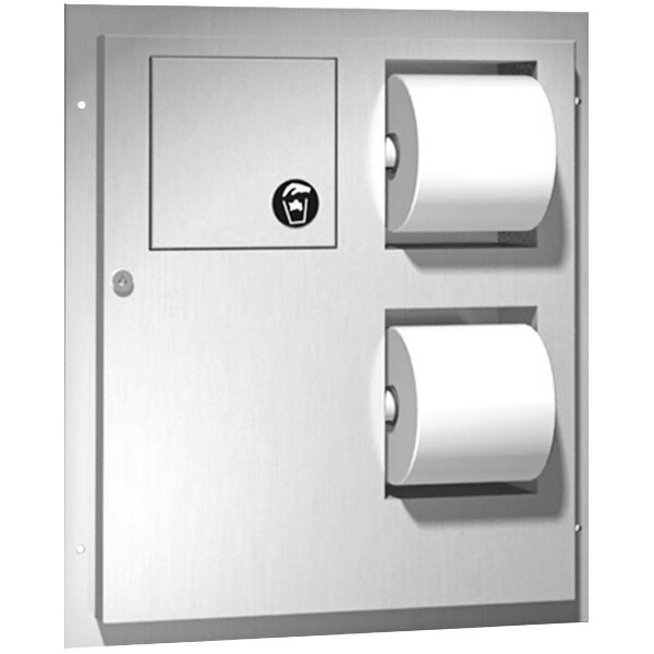 An American Specialties, Inc. stainless steel partition-mounted dual access toilet paper dispenser with two rolls of toilet paper.