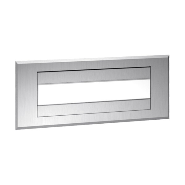 A rectangular stainless steel object with a white rectangular window.