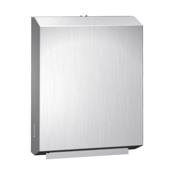 An American Specialties, Inc. stainless steel surface-mounted paper towel dispenser with a satin finish.