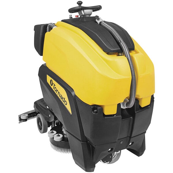 A yellow and black Tornado cordless stand-on floor scrubber.