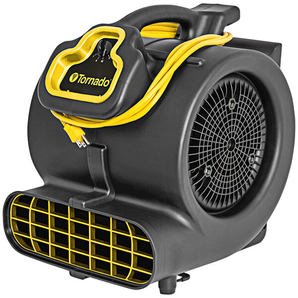 A black and yellow Tornado air blower with a fan.
