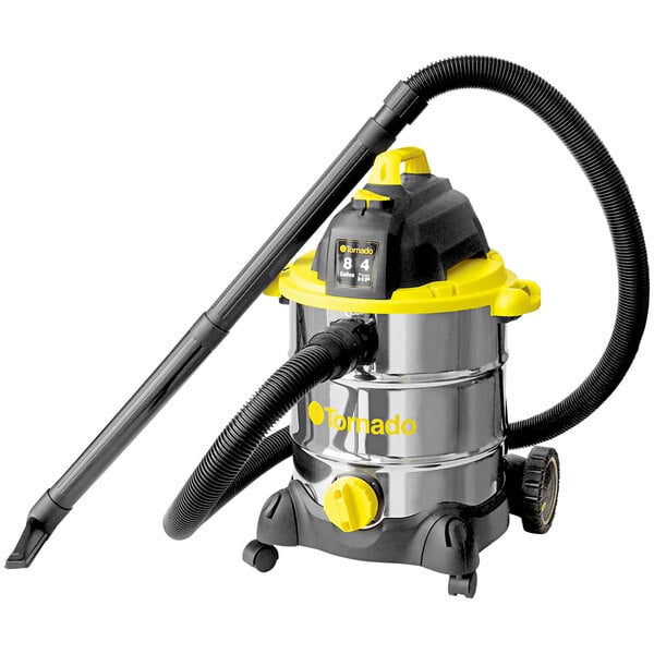 A Tornado Taskforce wet/dry vacuum with a black and yellow hose and black handle.