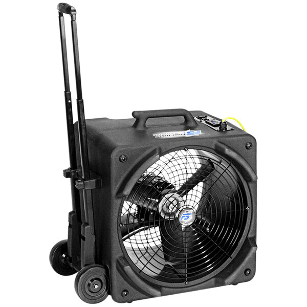 A black Powr-Flite axial fan on wheels.