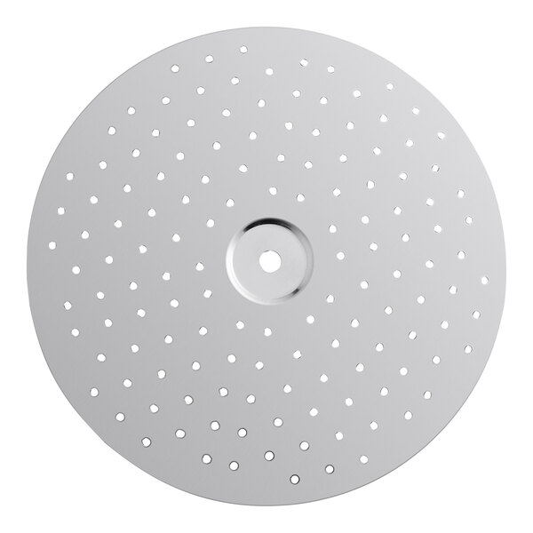 A white metal disc with holes for a Choice Prep food mill.