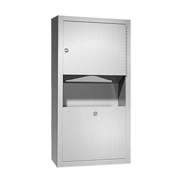 A stainless steel cabinet with a door open.