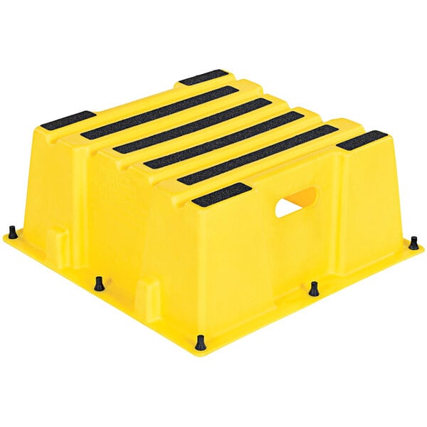 A yellow Vestil step stool with black stripes on the top.