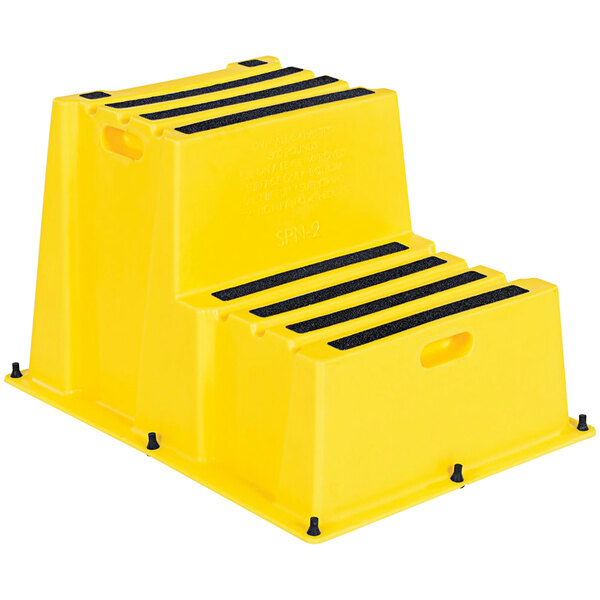 A yellow Vestil two-step step stool with black rubber inserts.