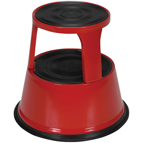 A red and black Vestil steel rolling step stool.