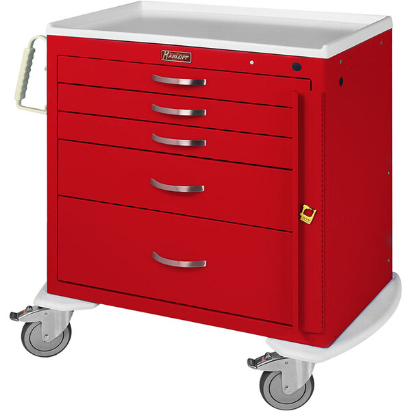 A red Harloff medical cart with four drawers and wheels.