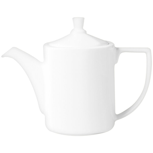 A white RAK Porcelain coffee pot with a lid and handle.