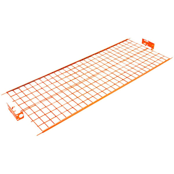 An orange wire shelf with a grid on a metal frame.