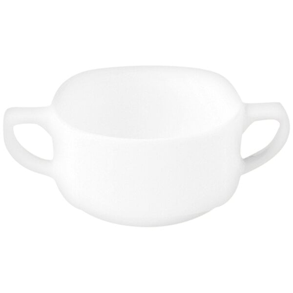 A RAK Porcelain ivory porcelain soup bowl with two handles on a white surface.