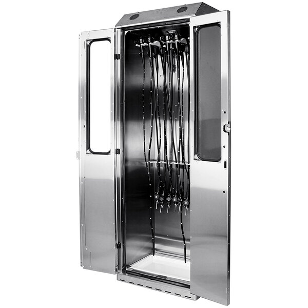 The stainless steel door of a Harloff SureDry drying cabinet with a rack of wires.