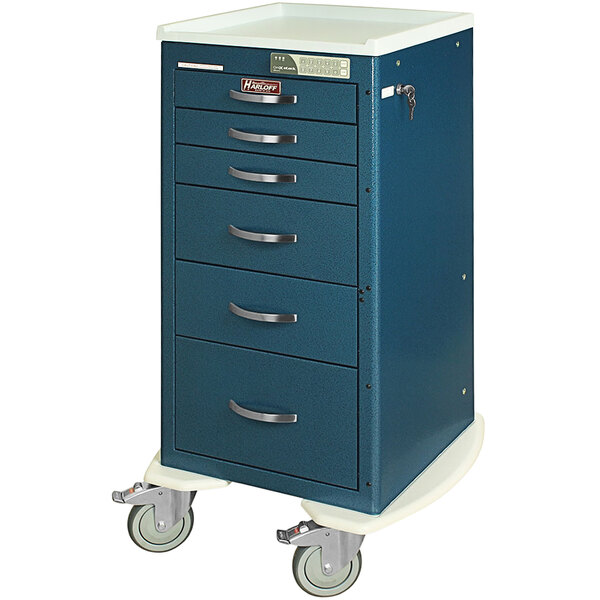 A blue Harloff medical cart with six drawers.