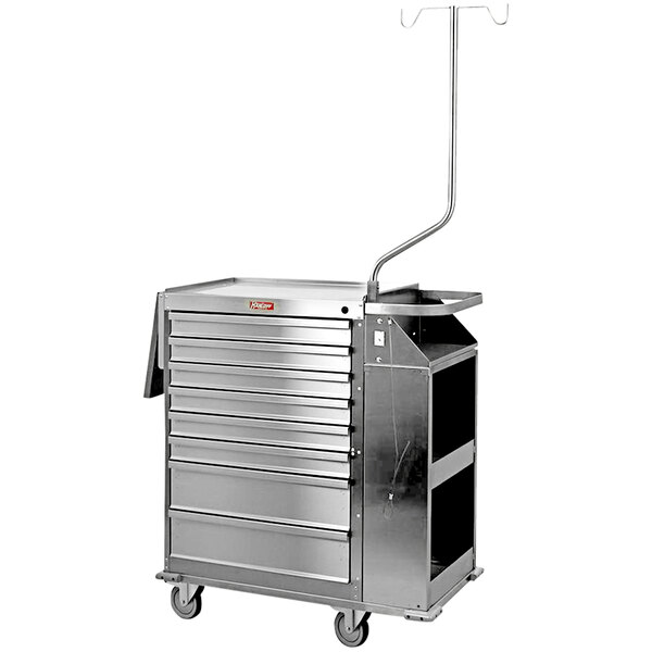A large stainless steel Harloff cart with drawers.