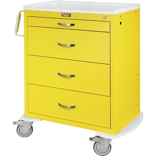 A yellow steel Harloff medical isolation cart with three drawers on wheels.