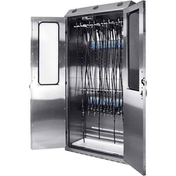A white rectangular stainless steel Harloff drying cabinet with many wires inside.
