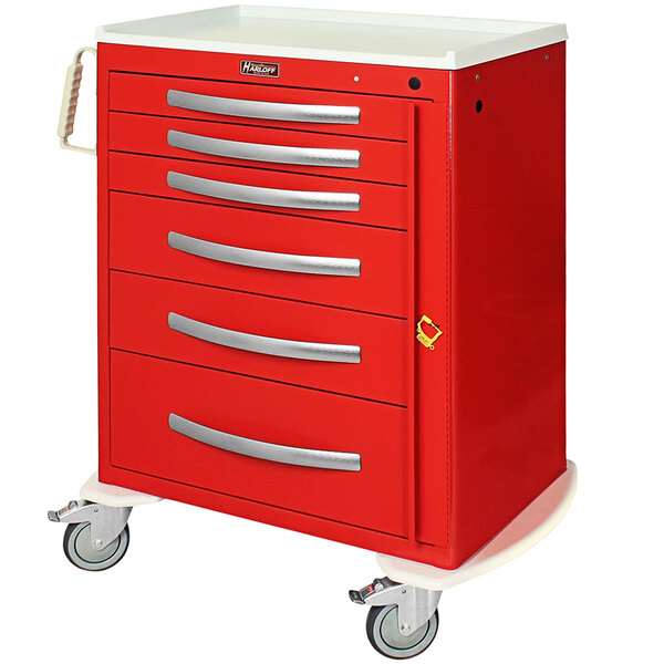 A red Harloff medical cart with six drawers and wheels.
