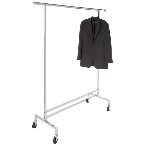 A black suit and tie on a chrome Econoco garment rack with a coat.