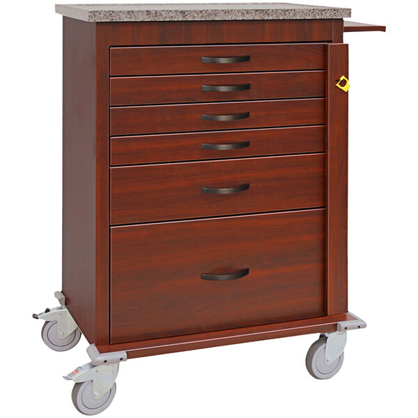 A Harloff wooden emergency cart with drawers and a granite top.