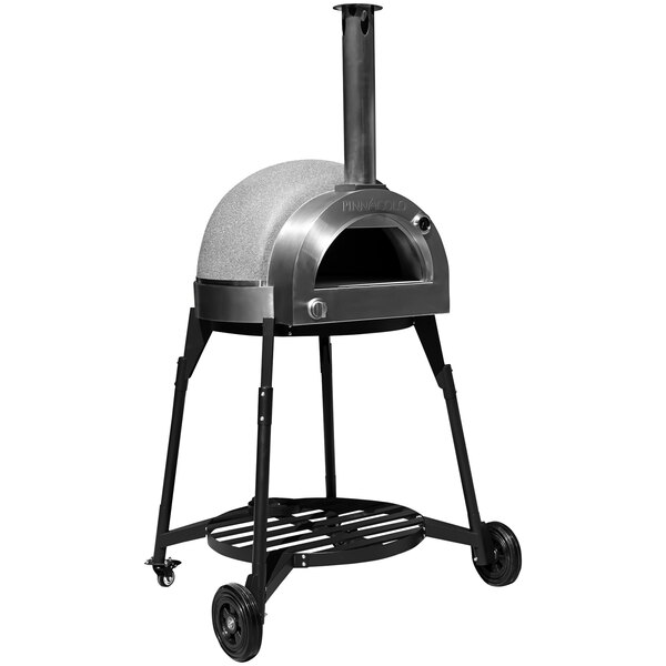 A metal Pinnacolo gas-powered outdoor pizza oven on wheels.