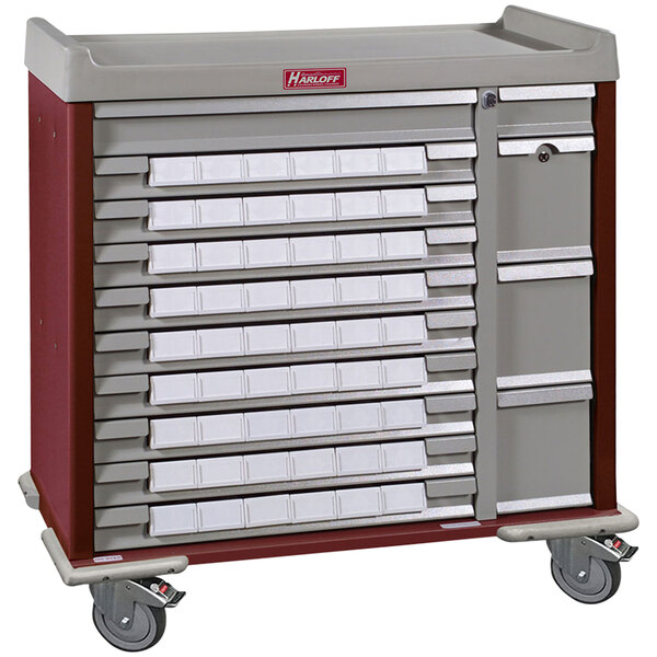 A red and gray Harloff medication bin cart with drawers.