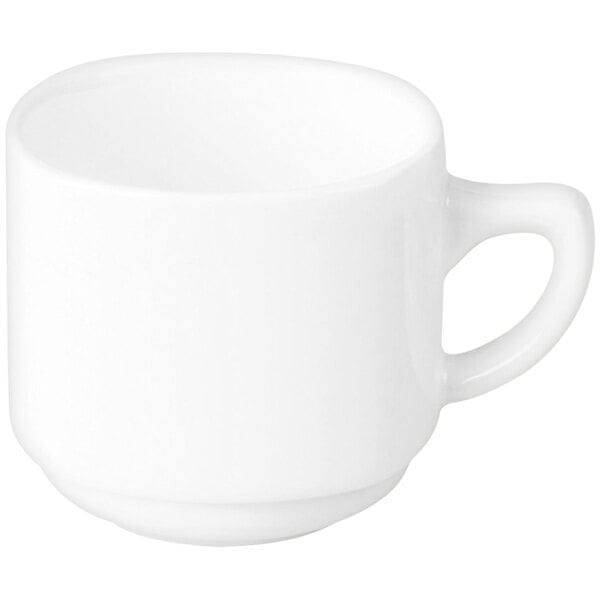 A white RAK Porcelain espresso cup with a handle.