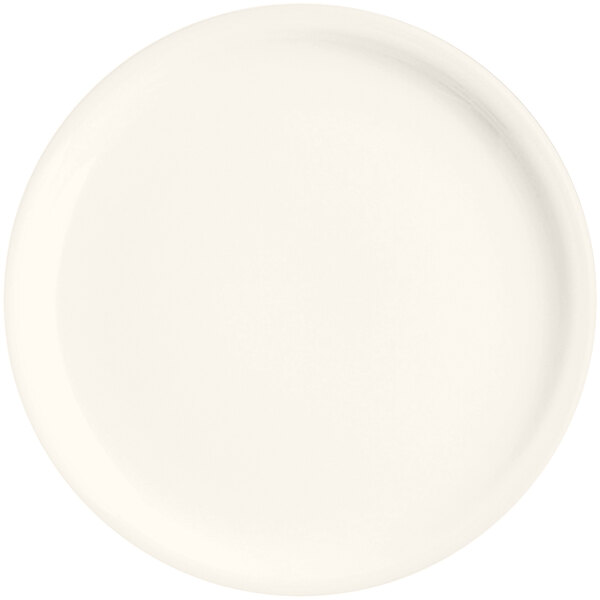 A white porcelain flat plate with a narrow rim.