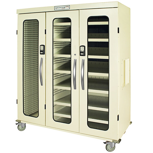 A large white Harloff medical storage cabinet with shelves and glass doors.