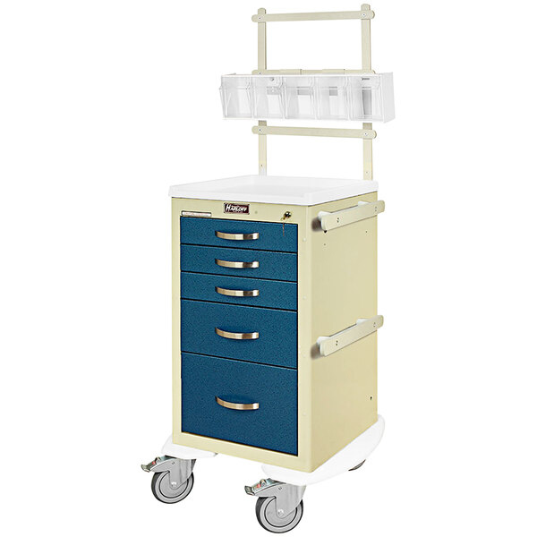 A blue and white Harloff medical cart with 5 drawers.