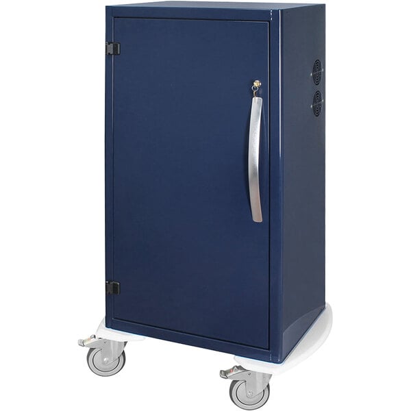 A blue metal Harloff cabinet on wheels with a silver handle.