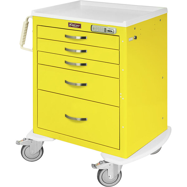 A yellow Harloff medical isolation cart with 5 drawers.
