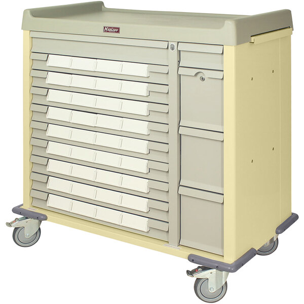 A white Harloff medication bin cart with drawers and wheels.