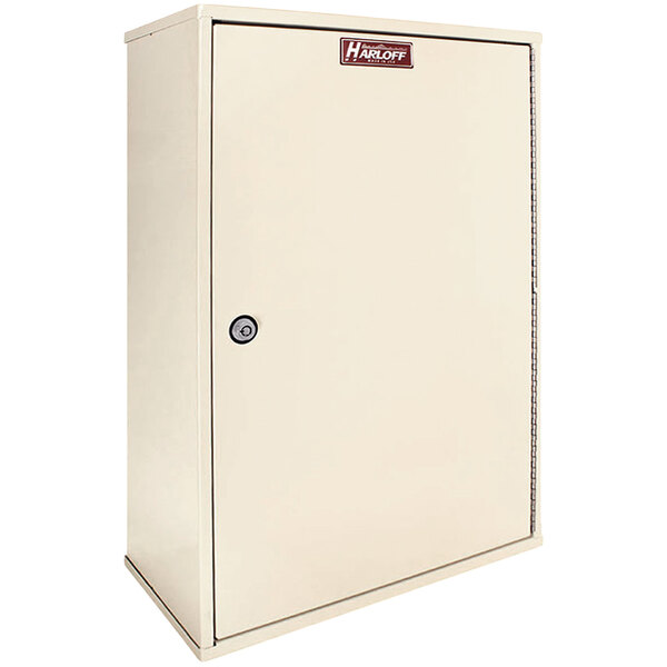 A white metal cabinet with 2 key locks.