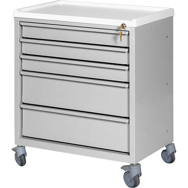 A gray metal rolling cabinet with four drawers.