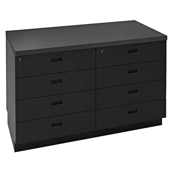 A black retail counter with drawers.