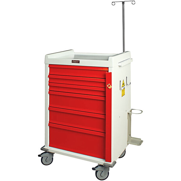 A red and white Harloff MRI-compatible medical cart with drawers.
