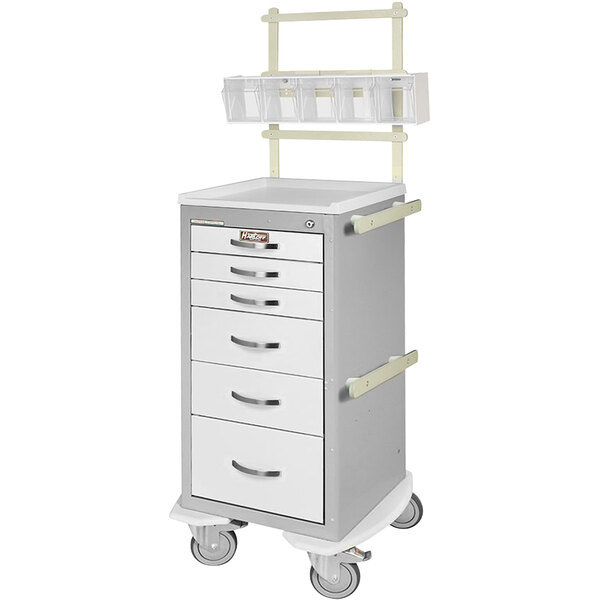 A white Harloff medical cart with 6 drawers and a lock.