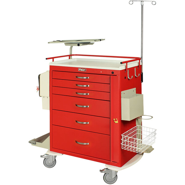 A red Harloff medical cart with drawers and a metal shelf.